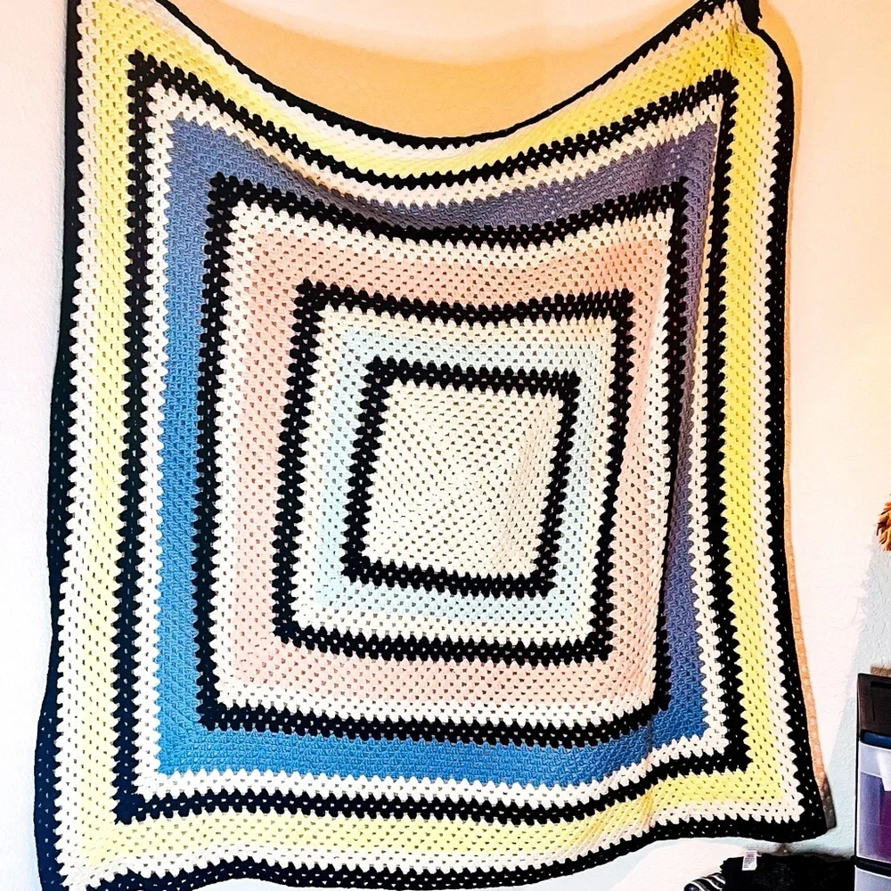 VTG 70’s AFGHAN CROCHET FRINGE THROW BLANKET HANDMADE PASTEL BLUE PINK YELLOW - Picture 1 of 9